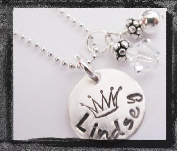 Hand Stamped Sterling Silver Charm Necklace Princess Crown and Name