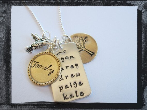 Hand Stamped Necklace - Personalized Charms in Mixed Metal - Hummingbird