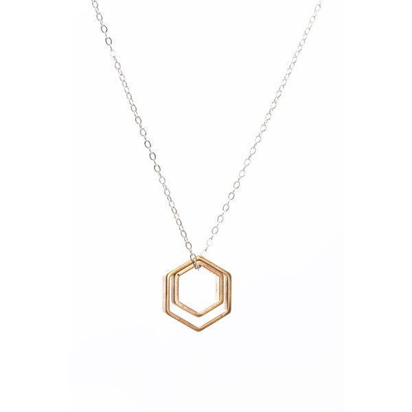 Paired Hexagons Silver and Brass Contrast Necklace