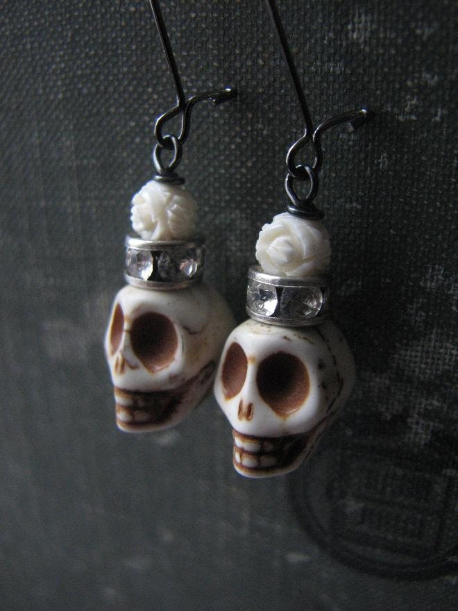 calavera . skulls with vintage rhinestones and caved bone earrings