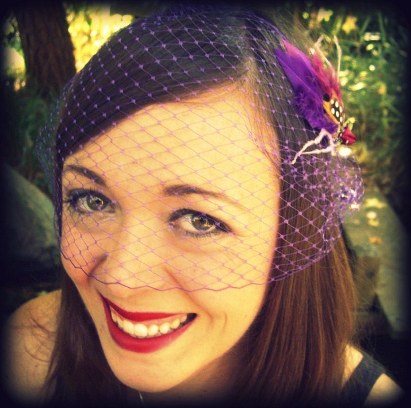 Purple Birdcage Veil  bridal bandeau 9 Inch Retro