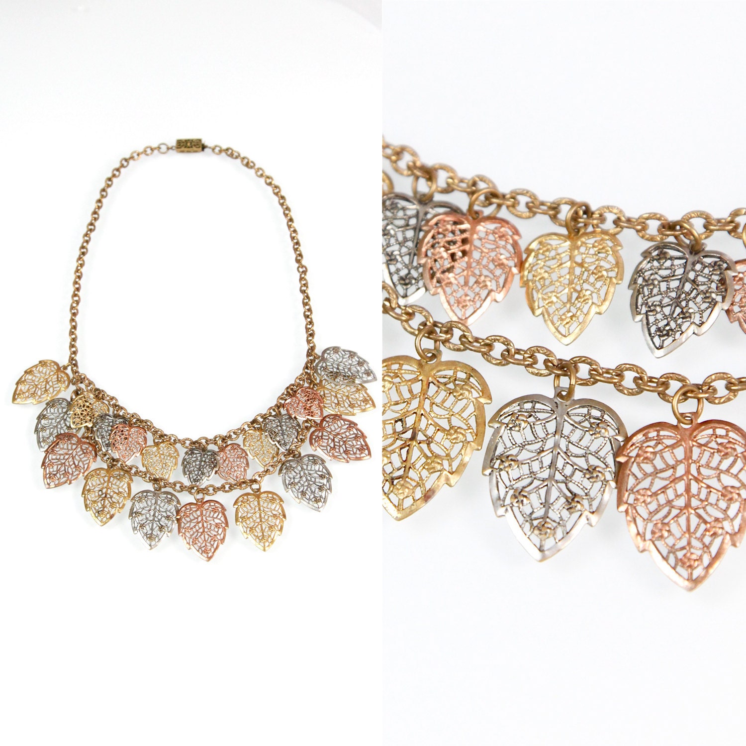 1920s Art Deco Brass Copper Silver Leaf Necklace
