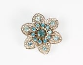 Turquoise and Mint Vintage Rhinestone Flower Brooch