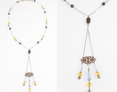 1920s Deco Flapper Brass Blue Gray Amber Glass Bead Necklace