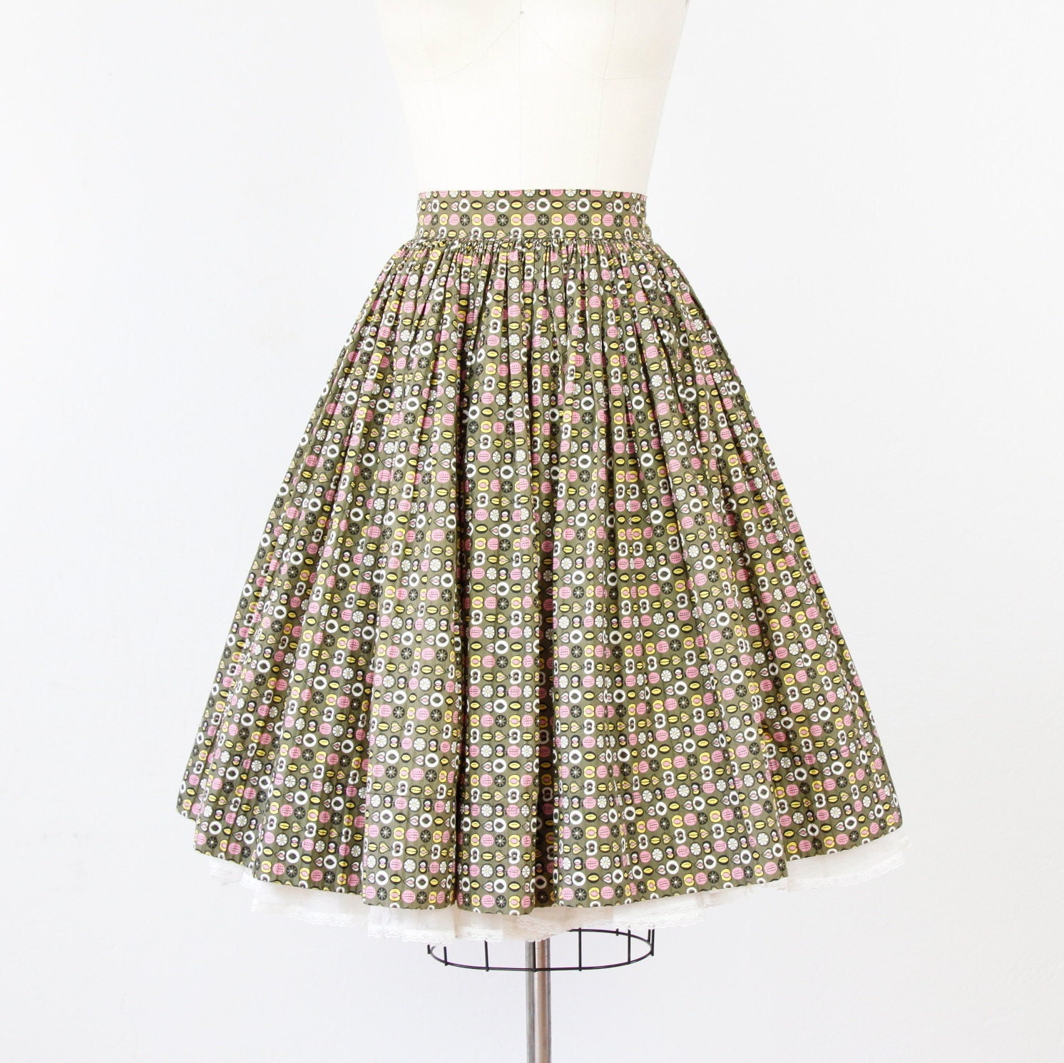 Sage Green Full Skirt with Pink and Yellow Fruit Print - salvagelife