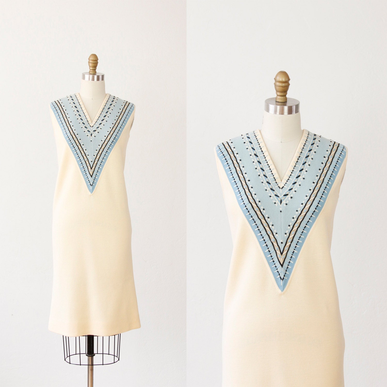 Cream with Blue Knit Embroidered Shift Dress - salvagelife