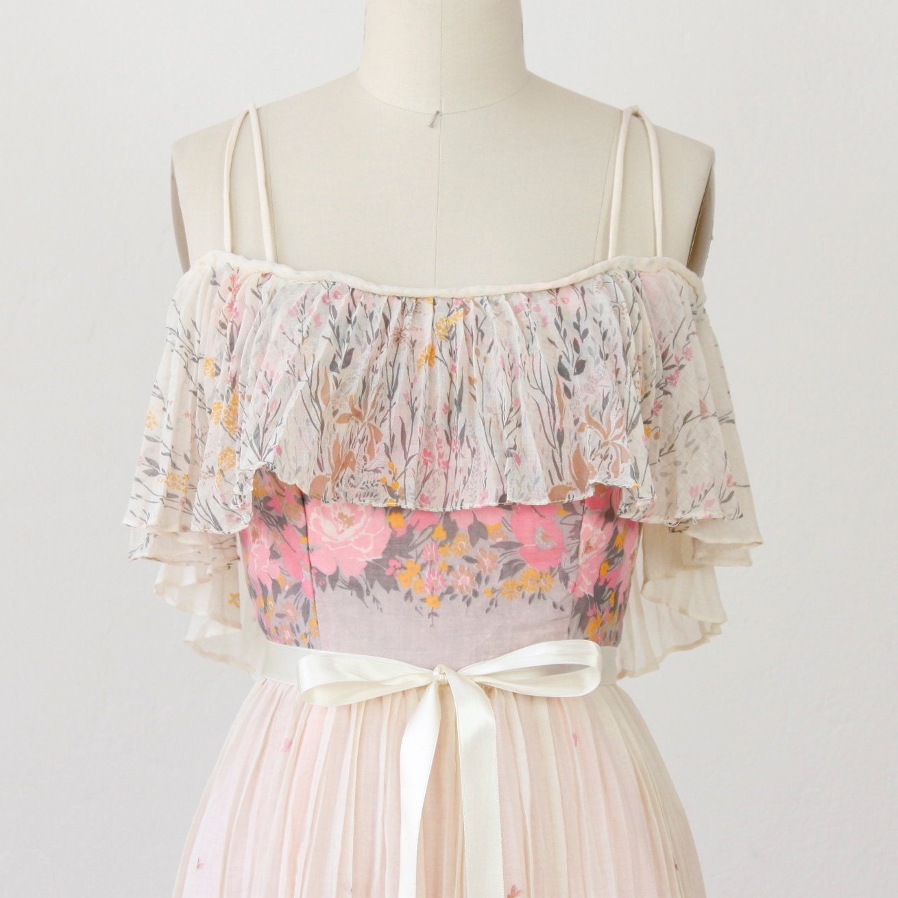 RESERVED Pink and White Long Pleated Floral Meadow Dress