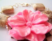 Pink Flower and White Buffalo Stone Bracelet, Cotton Candy Pink with White Turquoise Beads & Lobster Clasp - Blossom