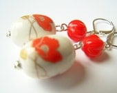 Poppy Flower Earrings, Czech Glass and Porcelain Earrings on Leverbacks with Red-Orange Flowers - Poppies