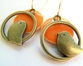 Tweeters - Sunrise Orange Bird Earrings in Antiqued Brass & Tangerine Enamel