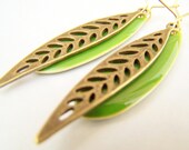 Leaves - Thin Green Leaf Earrings in Antiqued Brass & Green Enamel on Kidneywires