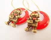 Robot Earrings, Android Love Charm Earrings in Red & Antiqued Brass, Charms on Hoops - Robots