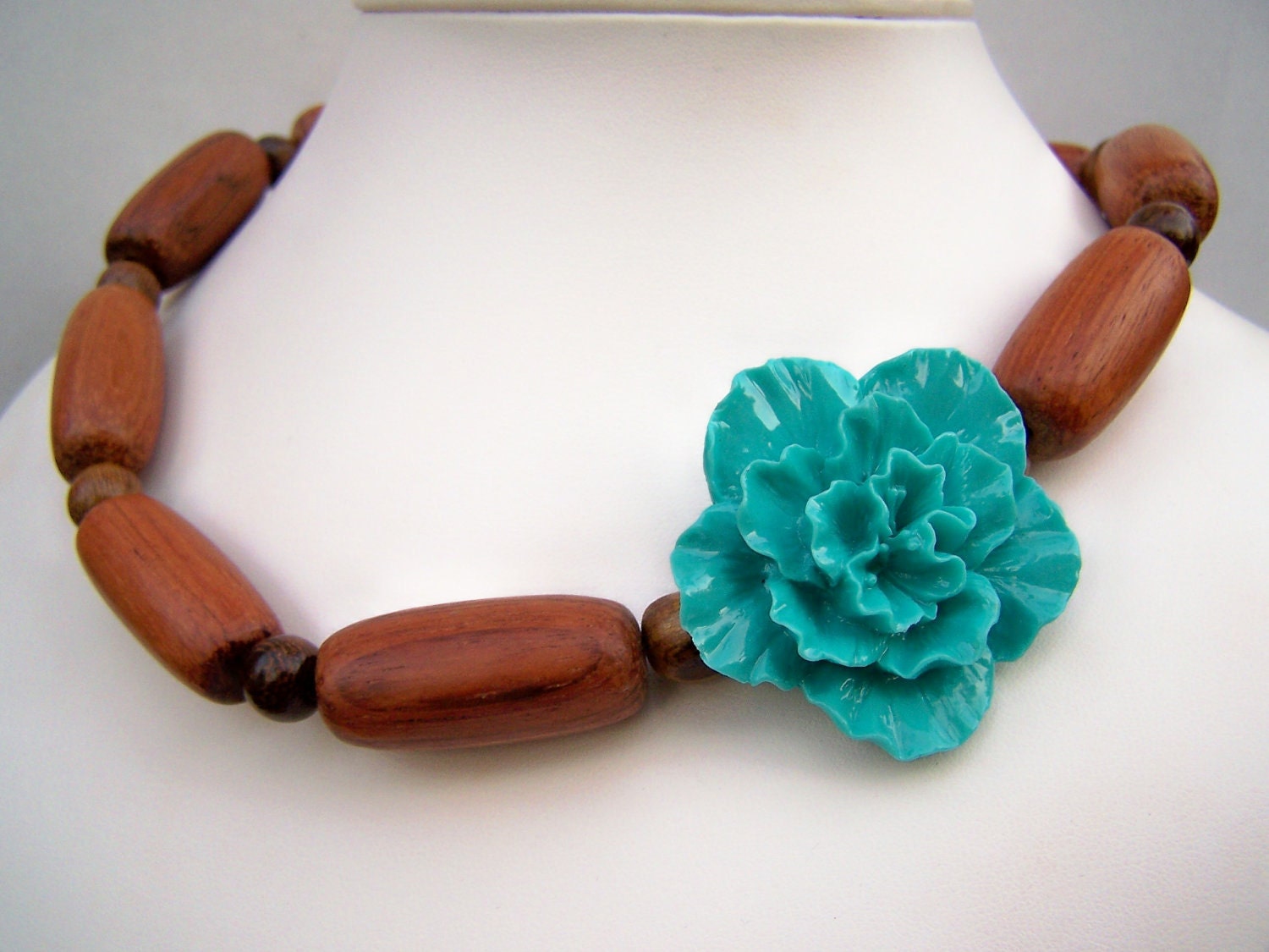 Chunky Wood Necklace with Asymmetric Flower, Brown & Turquoise Necklace, Statement Jewelry, Wood Beaded Necklace - Madera