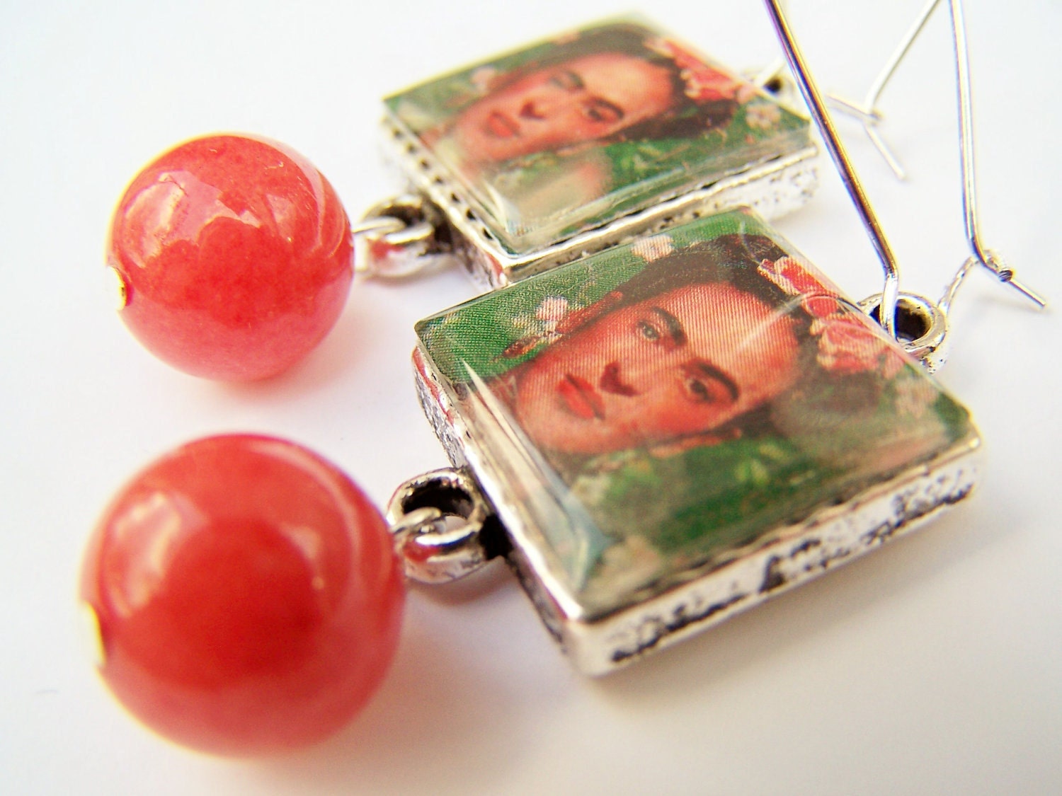 Frida Kahlo Tile Earrings - Artista - Handmade Art Charms & Glass Beads with Frida's Self Portrait