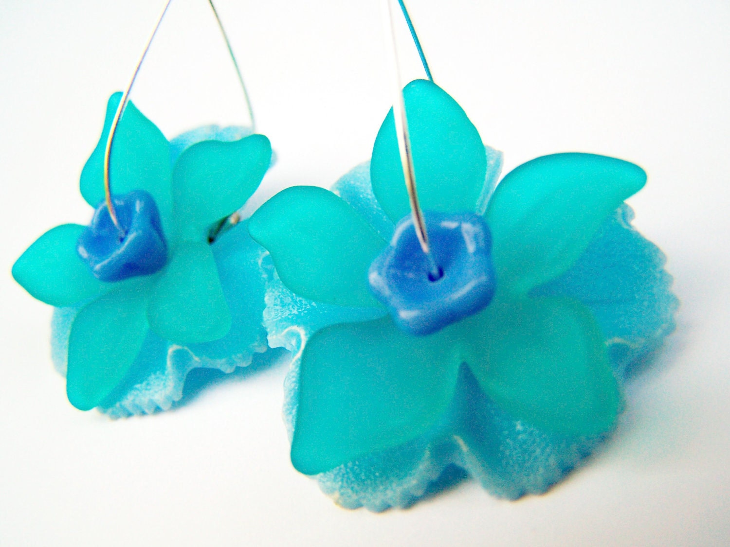 Blue Tropical Flower Earrings, Blue Hawaiian Earrings, Teardrop Hoops with Blue Flowers, Vintage & New Petals -  Mahalo