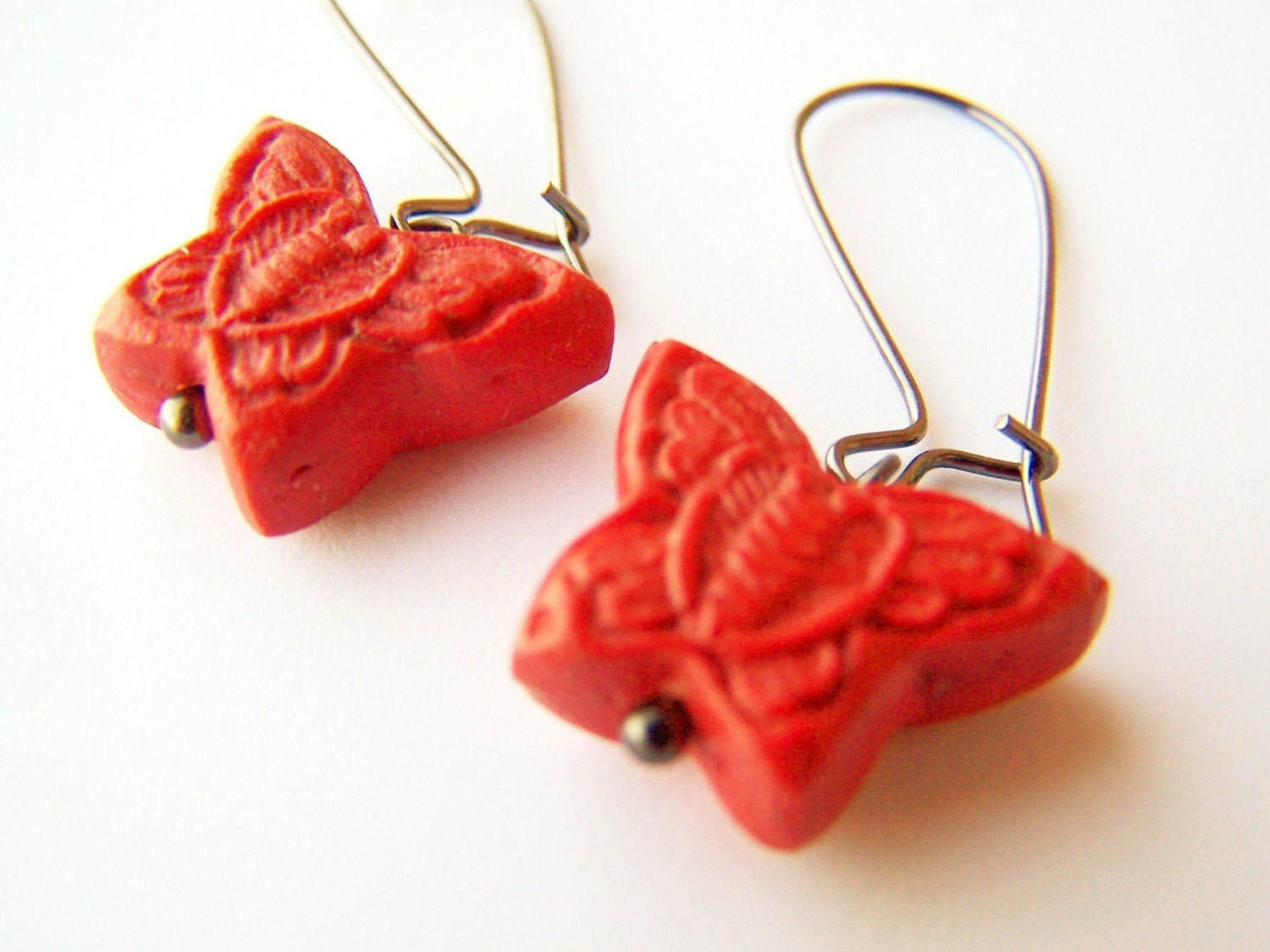 Red Cinnabar Butterfly Earrings, Carved Asian Beads on Gunmetal Kidneywires, Cinnabar Dangles - Butterflies