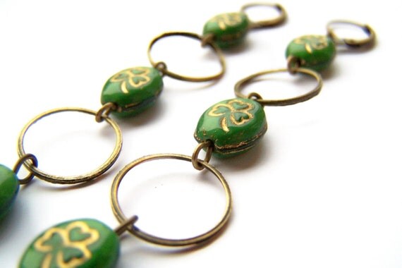 Green St. Patrick's Day Earrings - Shamrocks - Green Czech Glass Clovers & Antiqued Brass Hoops on Leverbacks