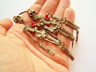 Skeleton Earrings - Bones - Articulated Dancing Skeletons on Leverbacks - Long Day of the Dead Earrings - Antiqued Brass