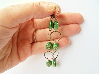 Green St. Patrick's Day Earrings - Shamrocks - Green Czech Glass Clovers & Antiqued Brass Hoops on Leverbacks