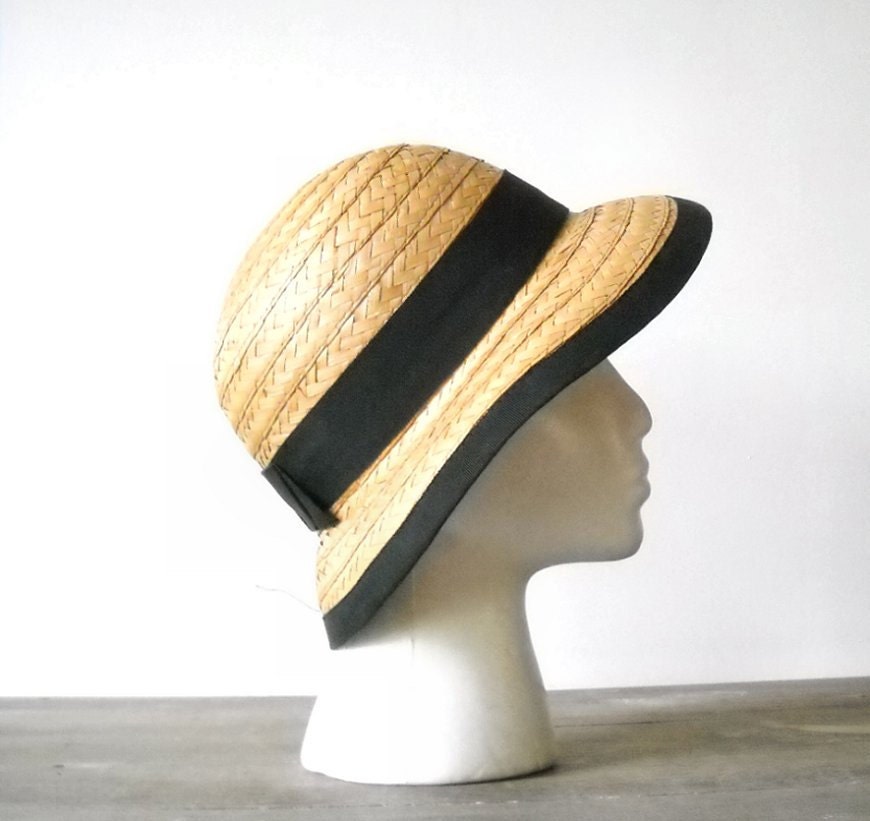 Vintage Straw Hat Black Ribbon Ladies