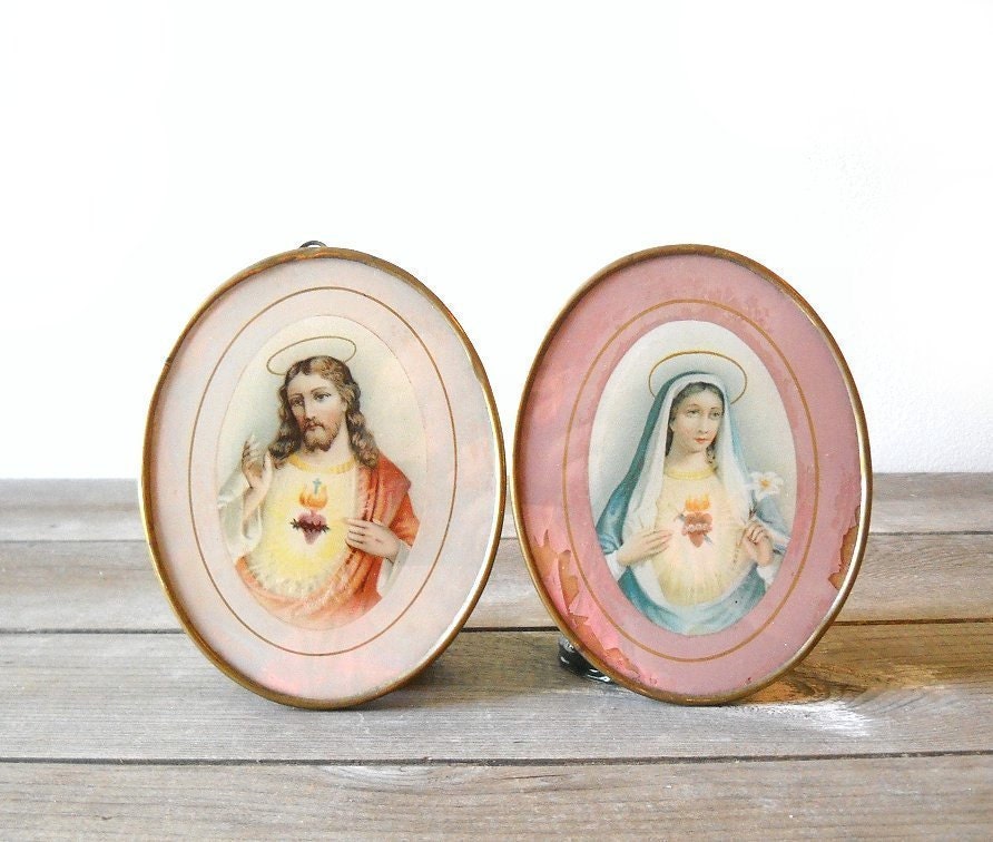 Vintage Glass Prints Sacred Heart Jesus Immaculate Heart Mary Czechoslovakia Catholic