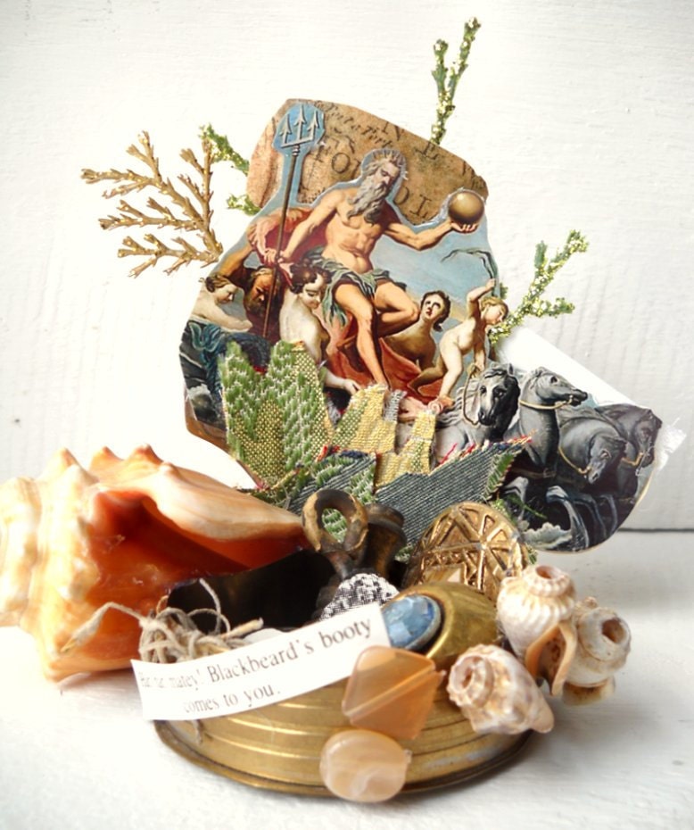 Nautical Altered Art Assemblage King Neptune Mermaid Decoration