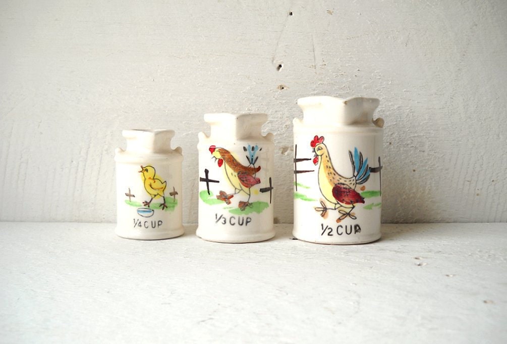 3 Ceramic Milk Can Measuring Cups Farm Animals Vintage