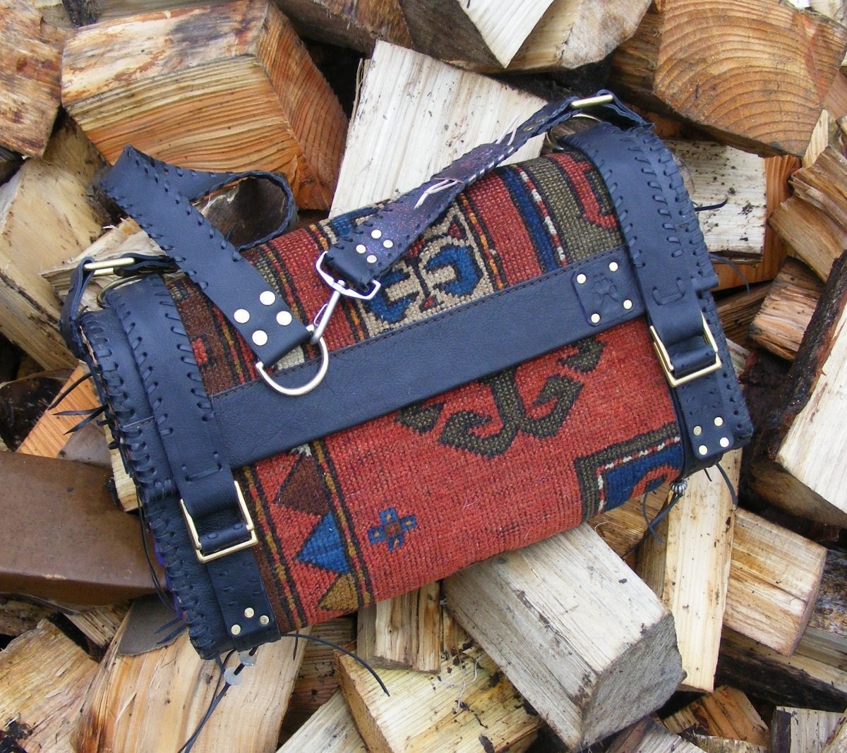 Carpet bag from Antique tribal rug Buffalo hide Mahogany Amethyst Waxed Leather