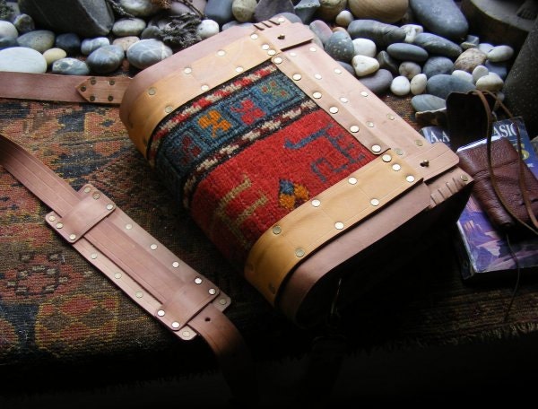 Purse carpet bag antique rug veg tan leather