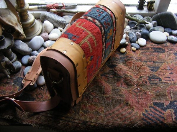 Purse carpet bag antique rug veg tan leather