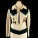 RESERVED VINTAGE 1970s Western Cowgirl SWEATER Beige Teal Blue Short, Cropped Zip Front Cardigan, Cactus Horseshoe Embroidery, Size Medium