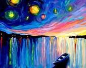Original landscape painting impasto boat by Aja