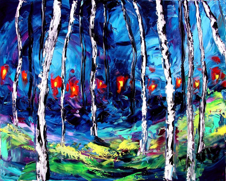 Original oil painting abstract landscape trees impasto art by Aja