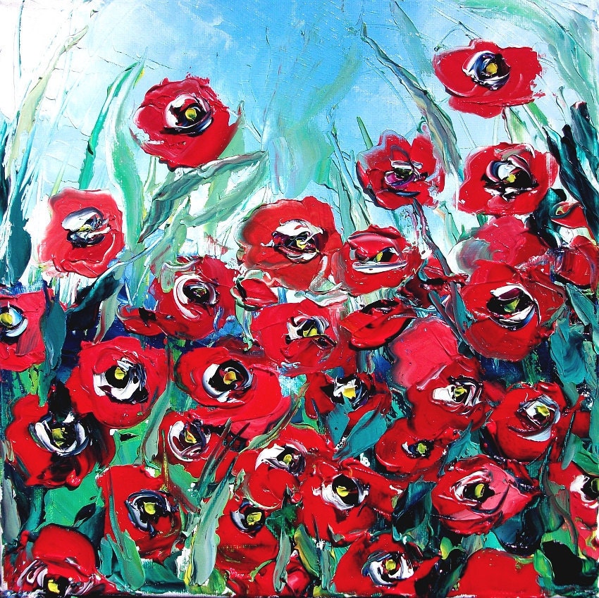 Original painting impasto poppies flowers art by Aja