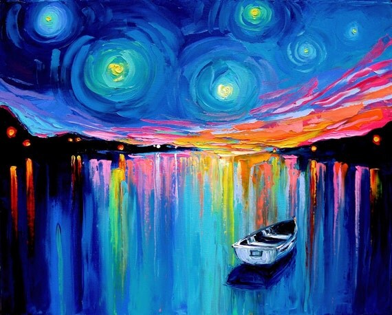Midnight Harbor XXVIII - 24x30  impasto abstract boat in lake landscape by Aja