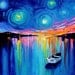 Midnight Harbor XXVIII - 24x30  impasto abstract boat in lake landscape by Aja