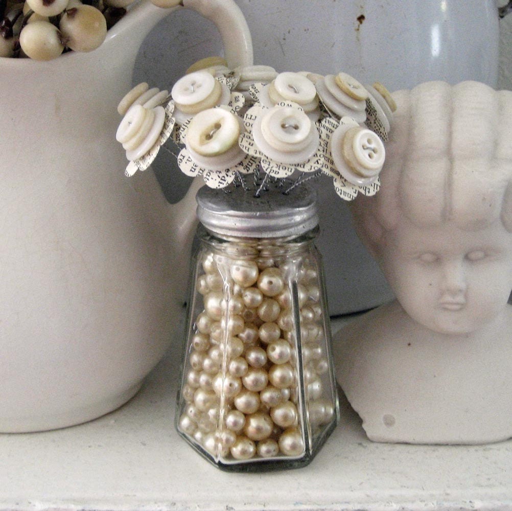 Button Bouquet Flowers in Bead Filled Vintage Salt Shaker