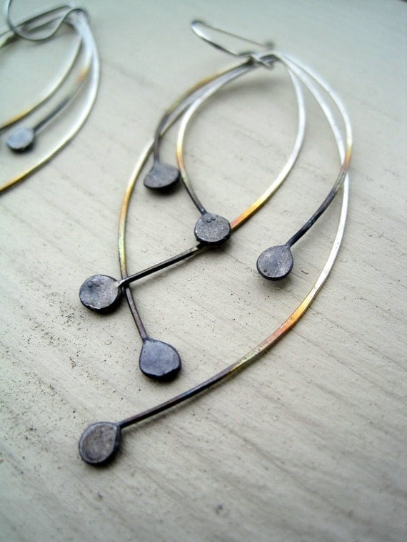 Peacock Feather Earrings - sterling silver earrings, unique contemporary jewelry, black and white, oxidized