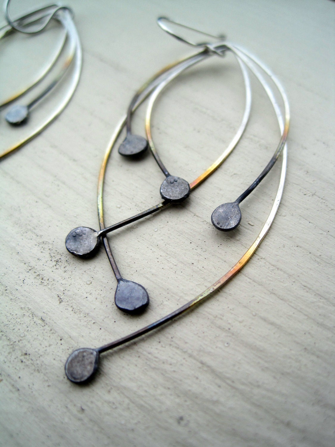 Peacock Feather Earrings - sterling silver earrings, unique contemporary jewelry, black and white, oxidized