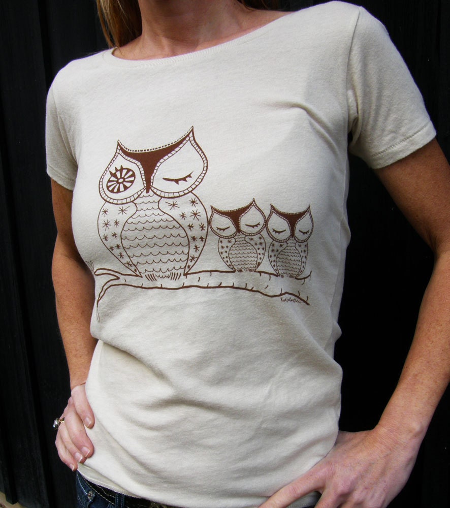 Owl Women'sTee Shirt-Hand Printed-Soft Organic Cotton--Natural