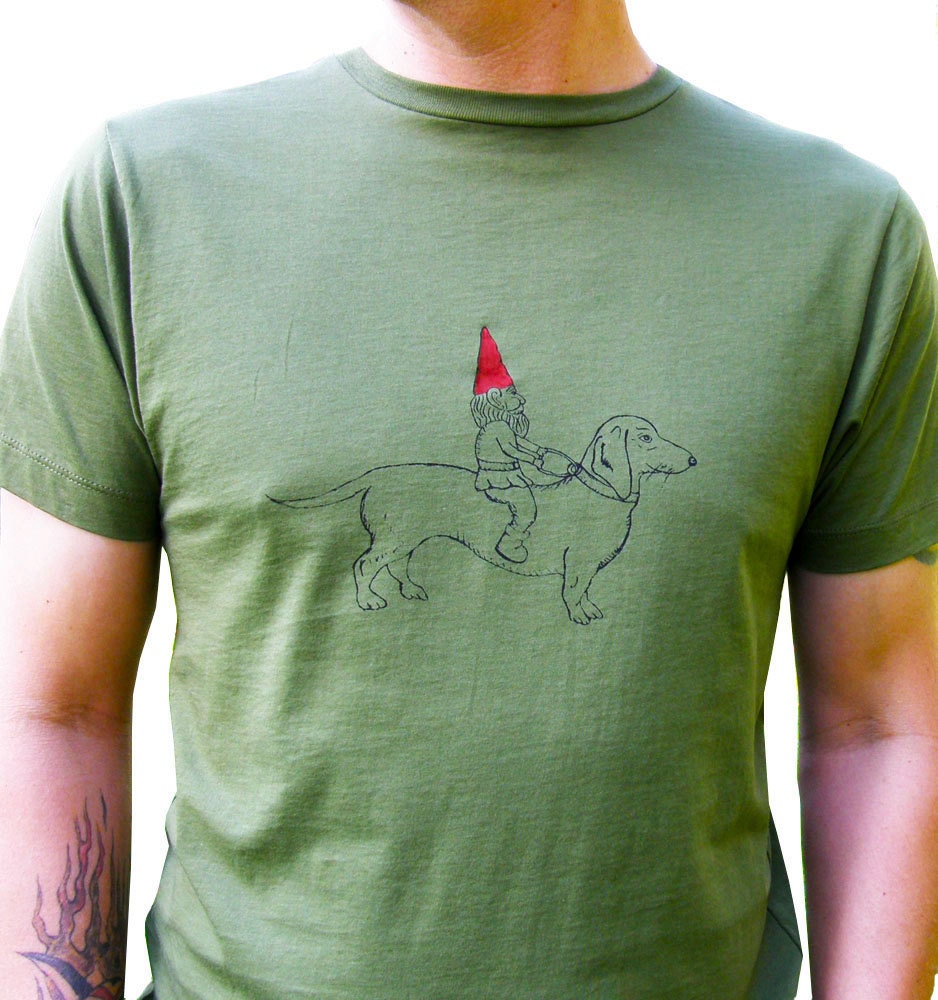 Dachshund & Gnome Mens Graphic Tee-Hand Printed Cotton-Army Green- Gift for Men