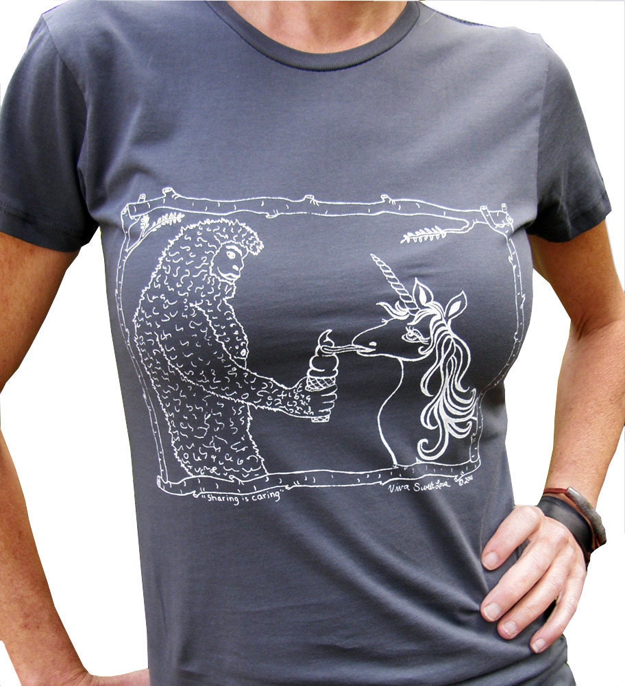 Sasquatch & Unicorn Women's Graphic Tee Shirt-Hand Printed Cotton-Asphalt Grey