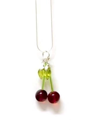 Sterling Silver Cherry Pendant, by Samantha Sultana - Glass Bead,Snake Chain,Rhinestone,Prom,Pin Up,Rockabilly,Burlesque,Fruit,Summer