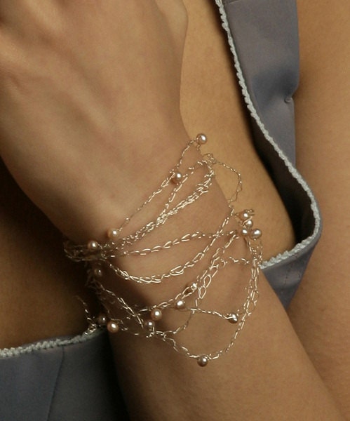 Sweet dreams silver crochet wrap around bracelet with freshwater pearls - silver wire bracelet