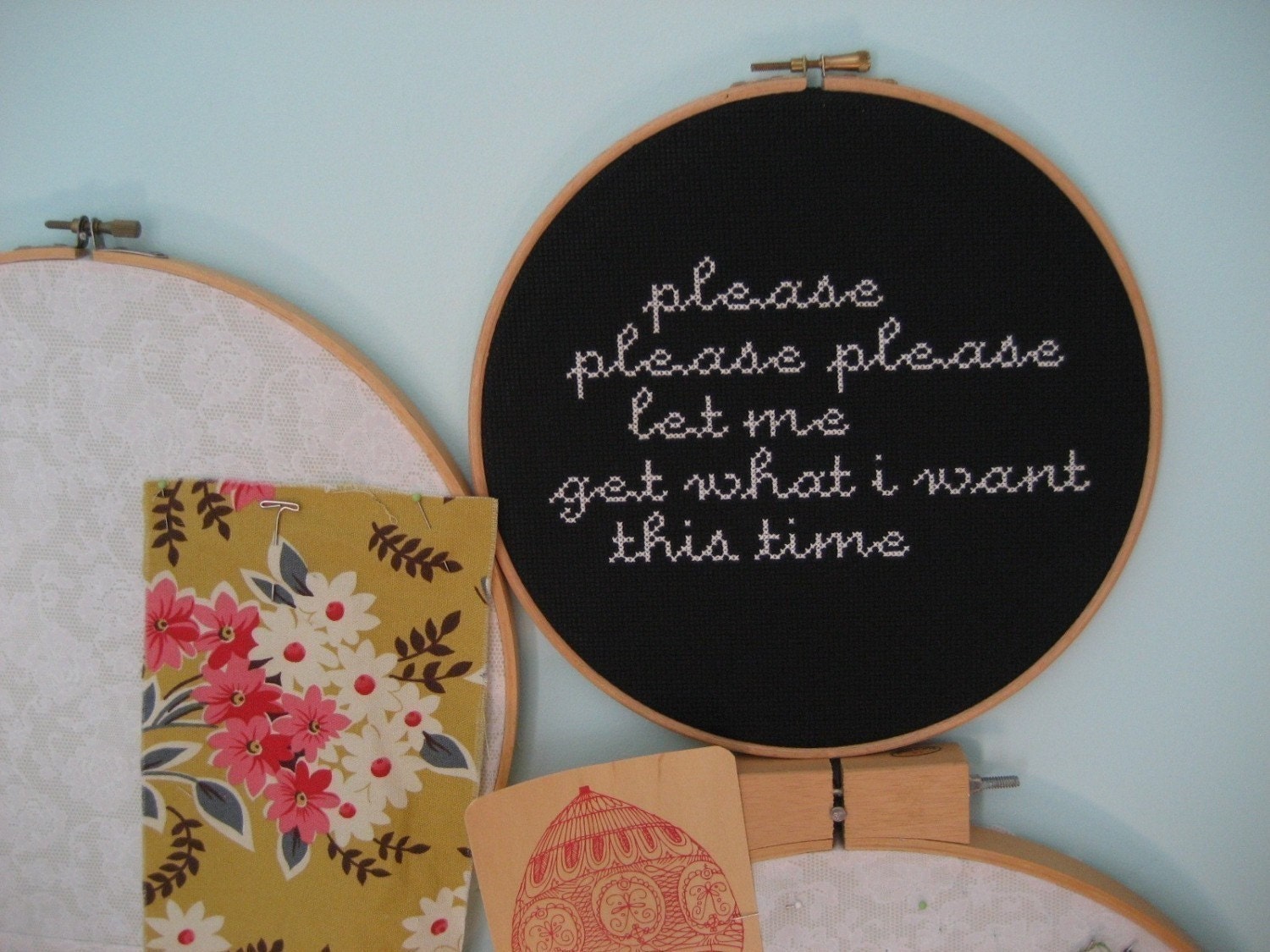 smiths please please please... original embroidery wall art - framed in hoop
