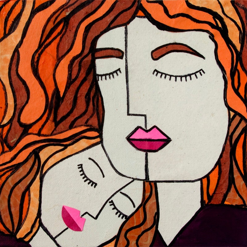 Red Hair Mother Daughter PRINT - Like Mother, Like Daughter, Mom gift, Mothers Day, Mom ART Print of Mixed Media Collage by Claudine Intner