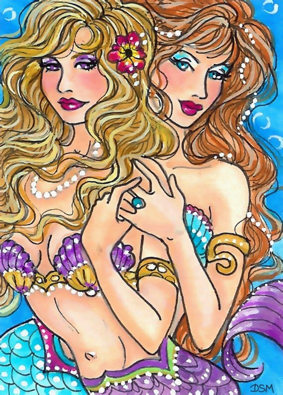 THE GIRLS   mermaid aceo print sisters blonde redhead best friends