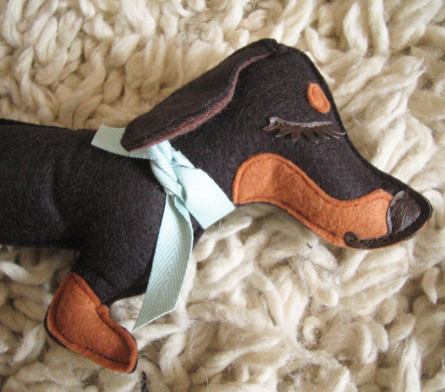 Teriyaki the Dachshund Weiner Dog Wool Felt Applique Plush Doll Pillow