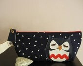 Susie the Owl Navy Blue and White Heart Print Cotton Canvas Carry All Case Vinyl Applique