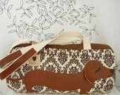 BBQ the Dachshund Cream Tan Black Vintage Inspired Cotton Canvas Floral Duffle Tote Bag Pursewith Vinyl Applique